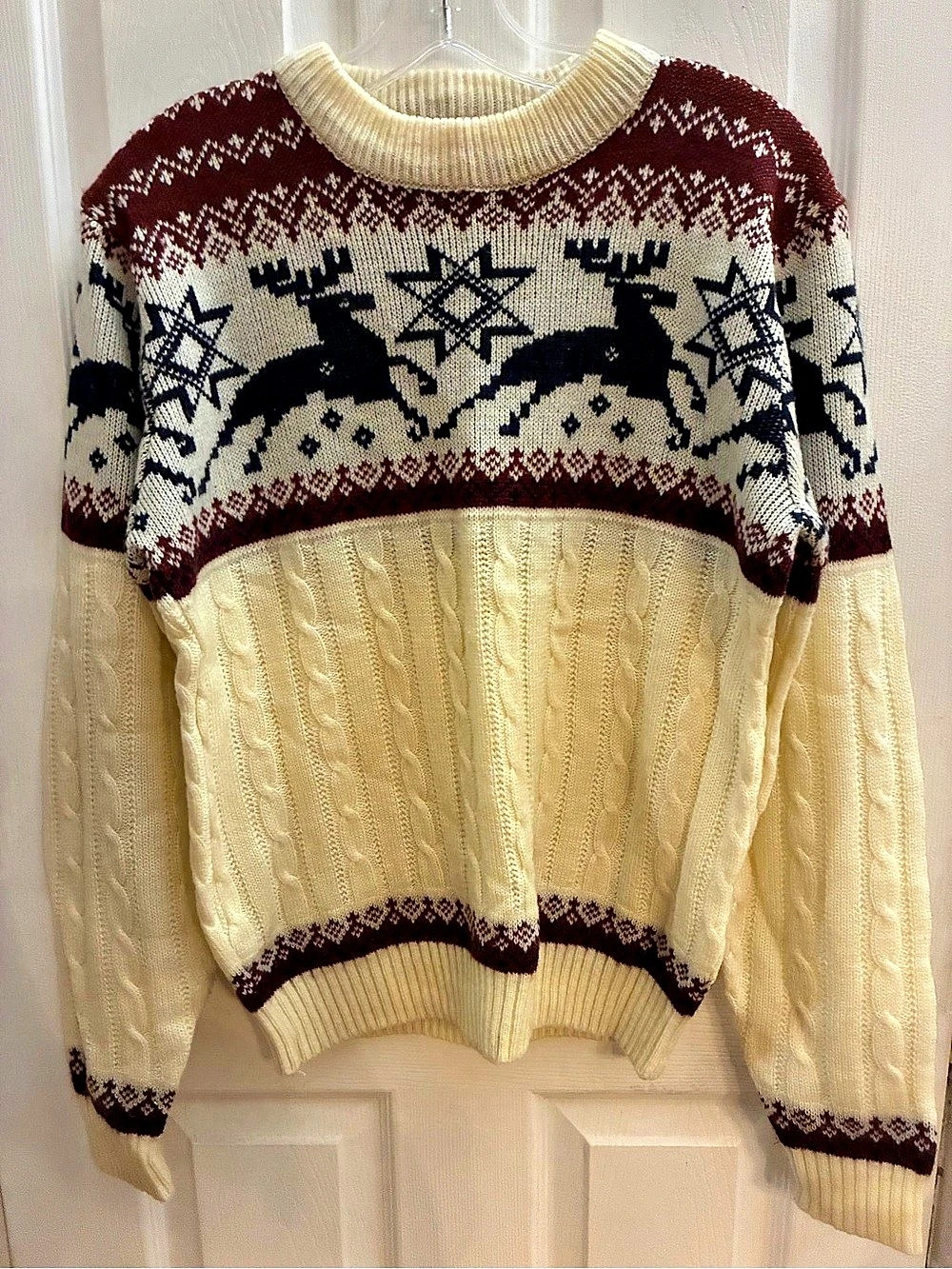 JCPenney Classic Styling Fair Isle Reindeer Crewneck Sweater Cream Tall M Like